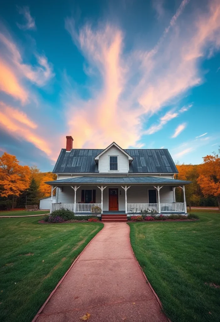 White farmhouse with porch and a straight stone walkway.