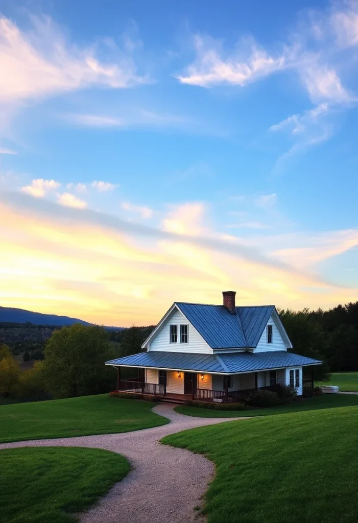 Farmhouse with wraparound porch and curved gravel driveway.