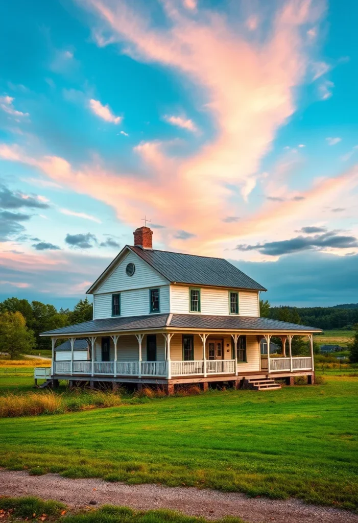 White farmhouse with wraparound porch under a colorful sky.