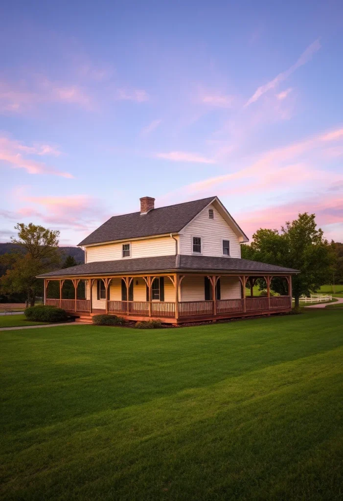 Farmhouse with wraparound porch at dusk with a colorful sky.