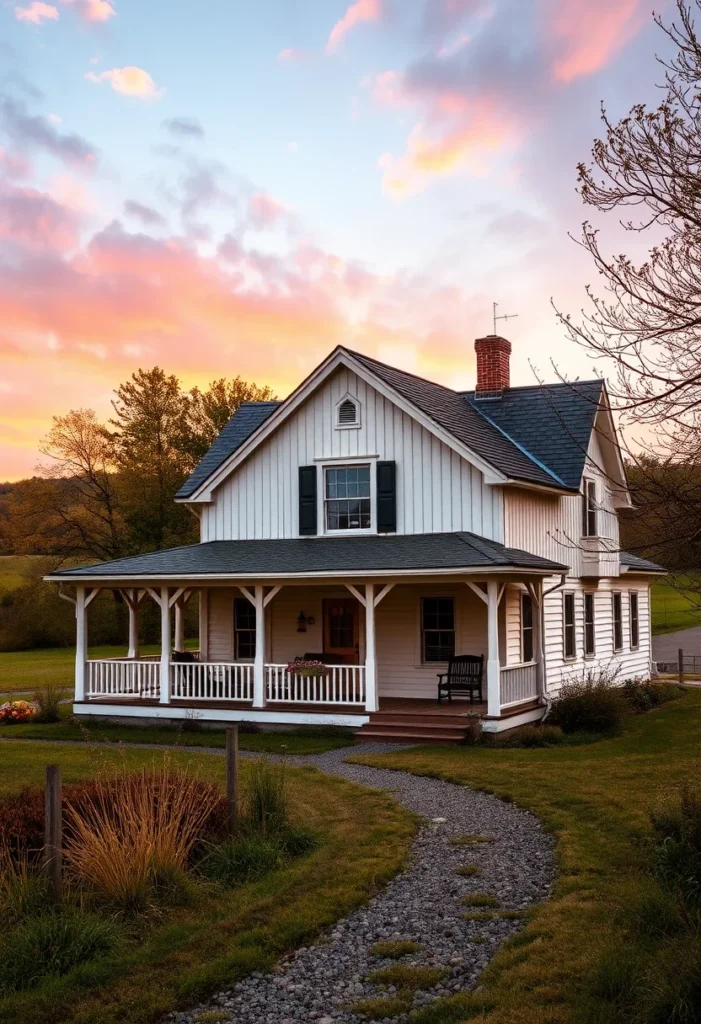 White farmhouse with porch at sunset.