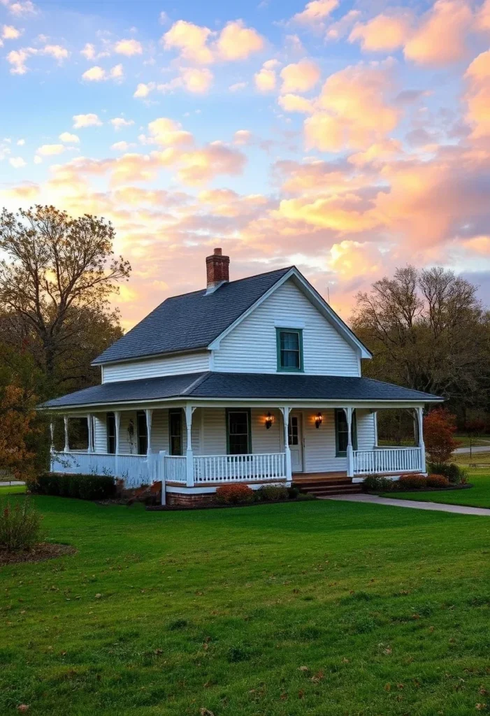 White farmhouse with porch bathed in warm afternoon light.