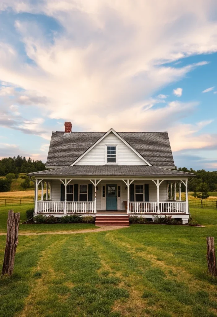 Farmhouse with wraparound porch surrounded by green lawn and trees.