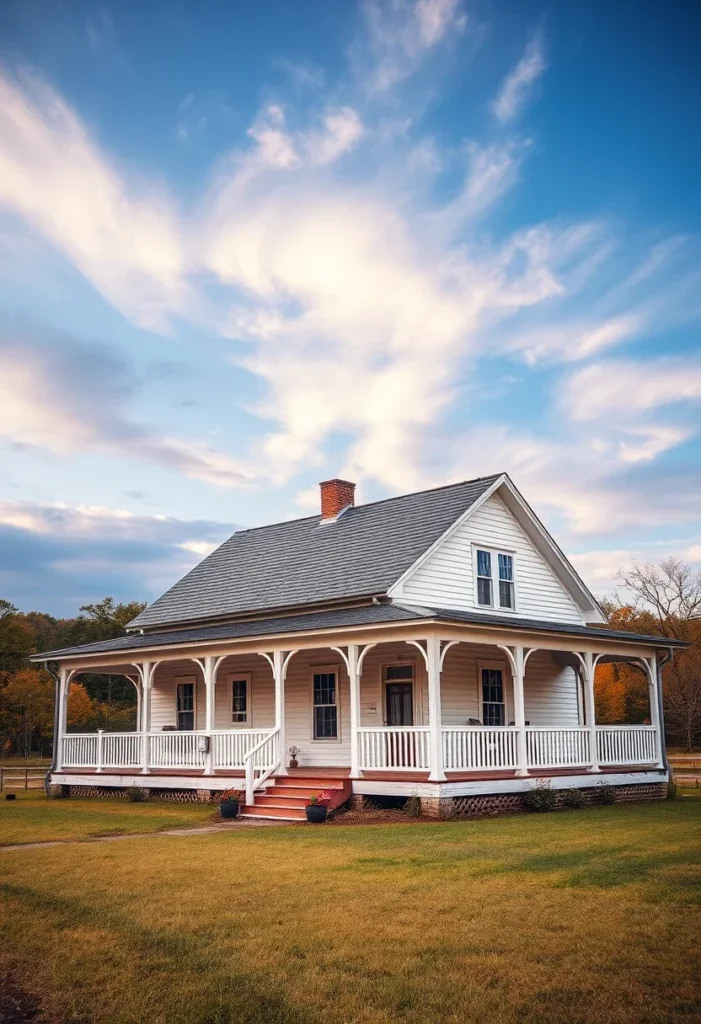 Farmhouse with a wide, wraparound porch.