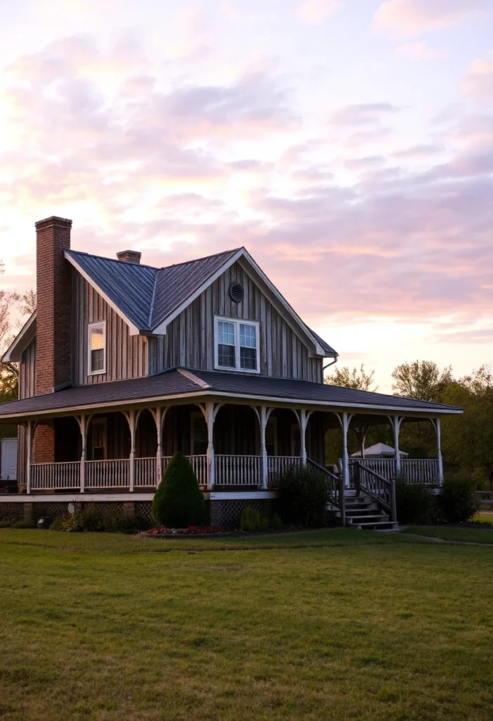 Farmhouse with natural wood siding and a wraparound porch.