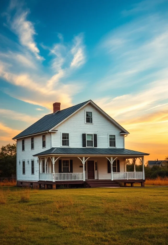 White two-story farmhouse with wraparound porch, open fields, and colorful sky.