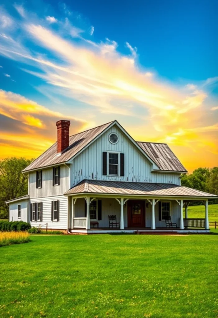 Classic Farmhouses in the USA White farmhouse with porch and rocking chairs at sunset.