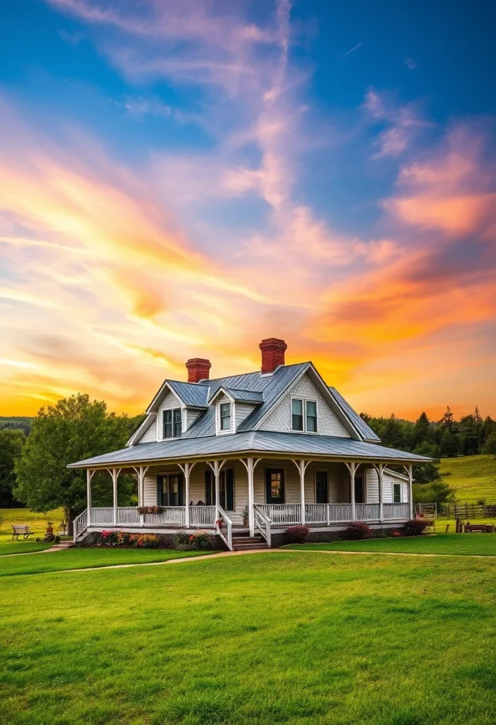 Classic Farmhouses in the USA Farmhouse with wide porch and symmetrical design.