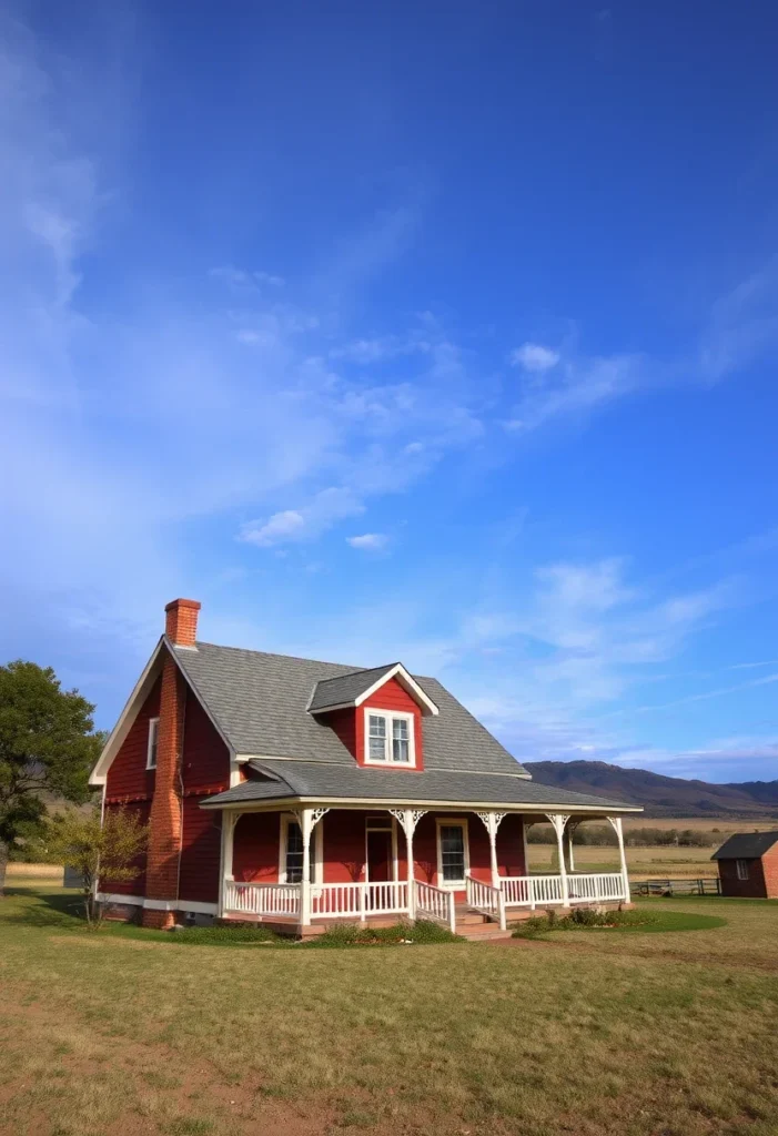 Classic Farmhouses in the USA Red farmhouse with wraparound porch under a blue sky.