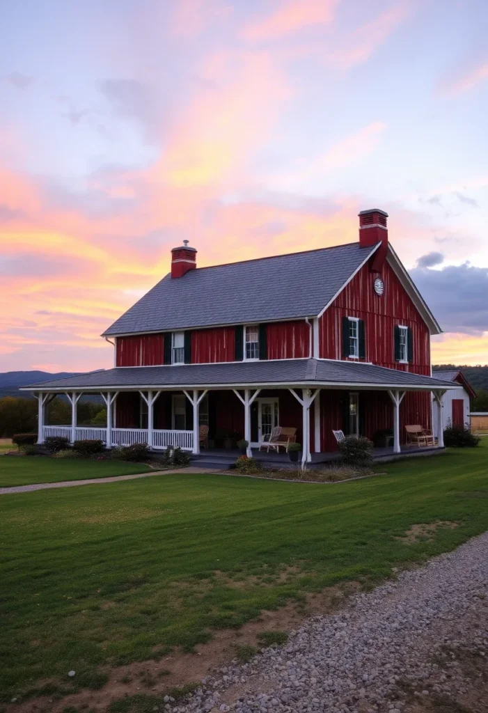 Classic Farmhouses in the USA Red farmhouse with porch at sunset.