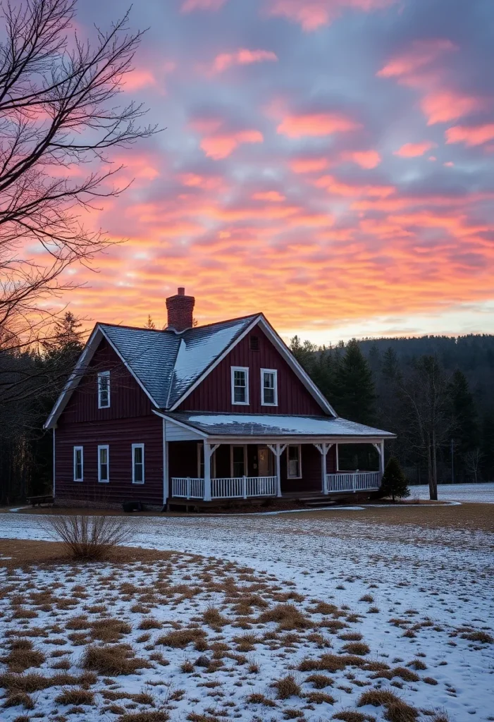 Classic Farmhouses in the USA Red farmhouse with porch in a snowy landscape at twilight.