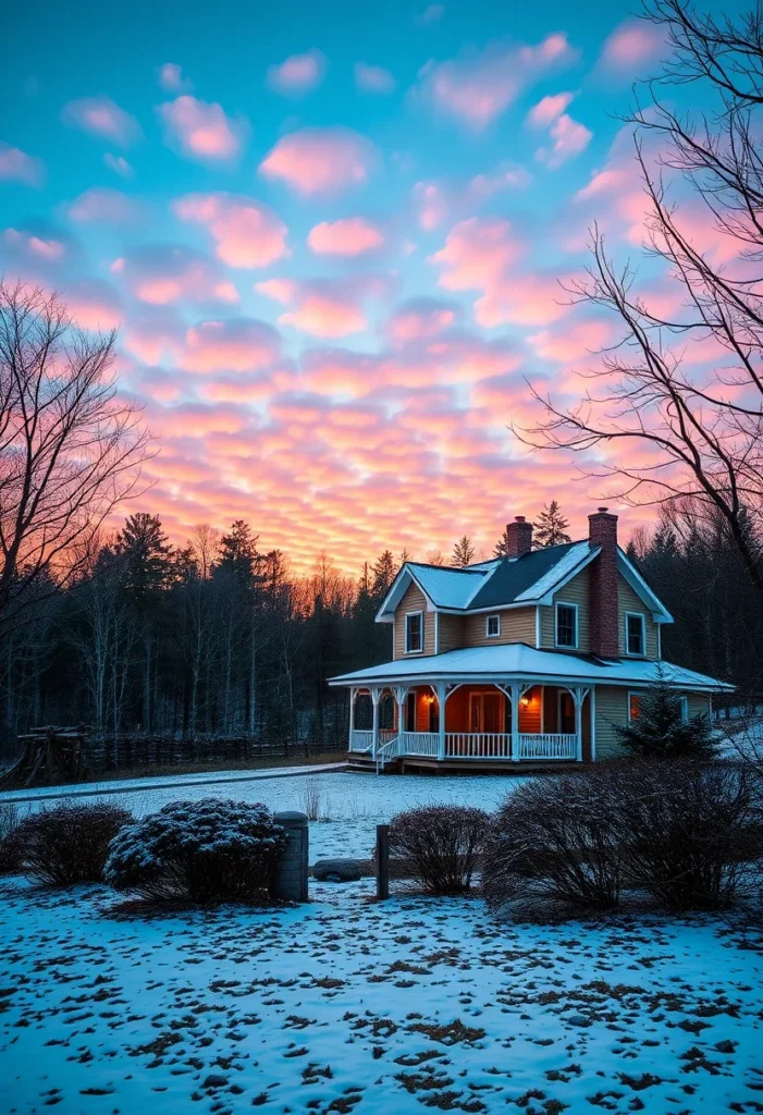  Classic Farmhouses in the USA Farmhouse with porch in a snowy landscape under a colorful winter sky.