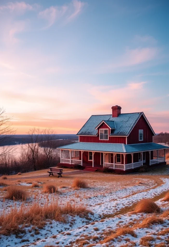 Classic Farmhouses in the USA Red farmhouse with wraparound porch overlooking water.