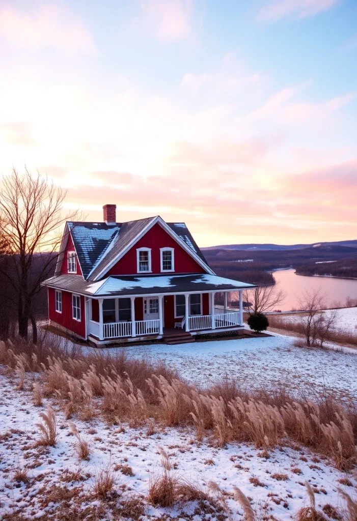 Classic Farmhouses in the USA Red farmhouse with porch in a snowy winter landscape.