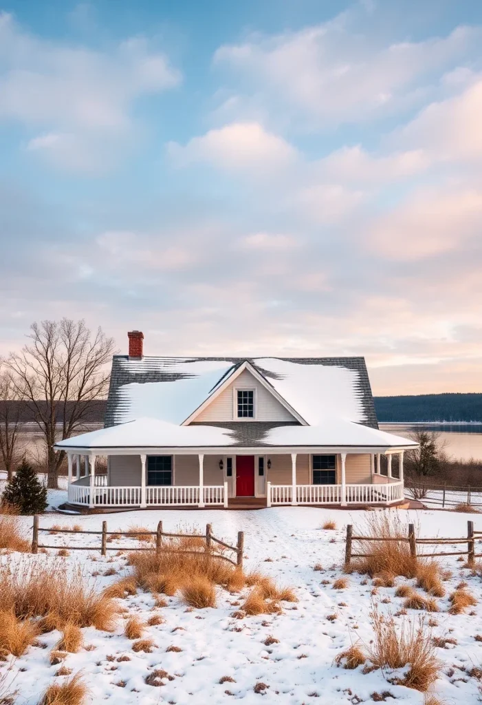 White farmhouse with red door and wraparound porch in a snowy landscape. Classic Farmhouses in the USA