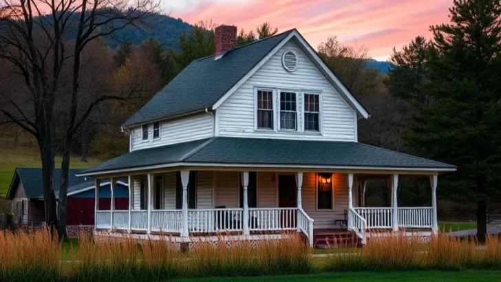 Farmhouse with wraparound porch at dusk in a mountainous setting.