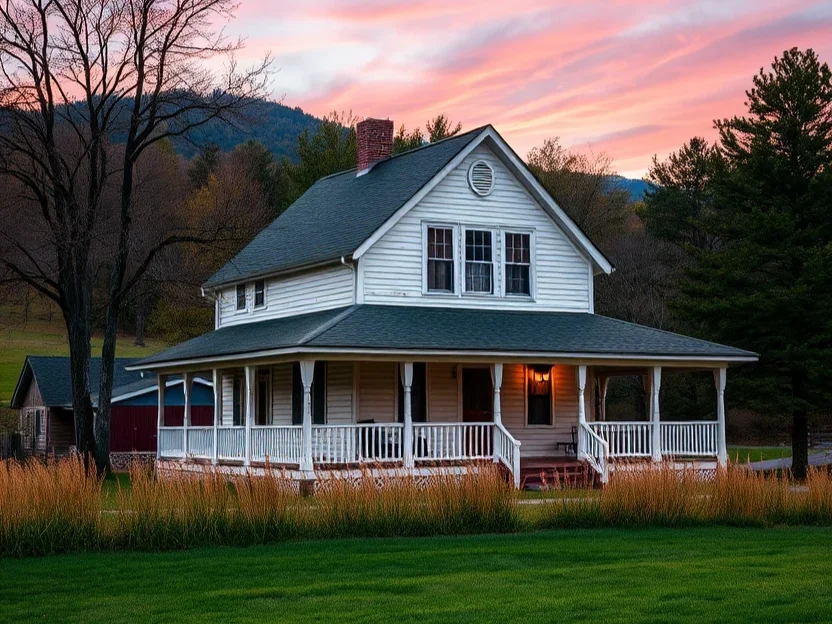 Farmhouse with wraparound porch at dusk in a mountainous setting.