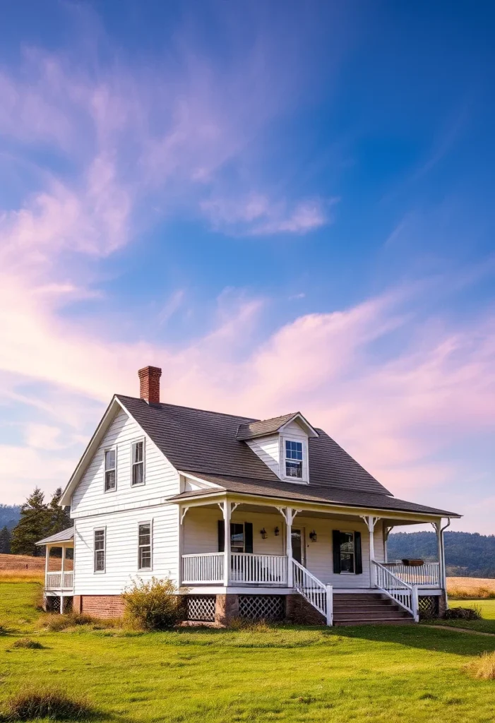 White farmhouse with porch, open fields, and colorful sky