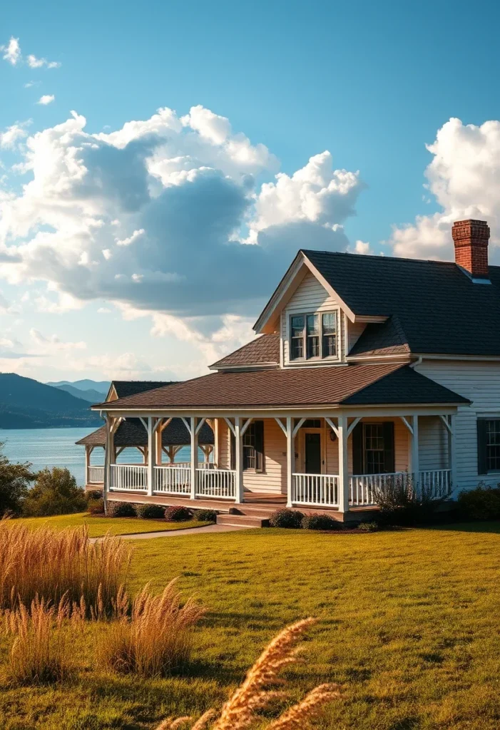 White farmhouse with wraparound porch overlooking a valley. Classic Farmhouses in the USA