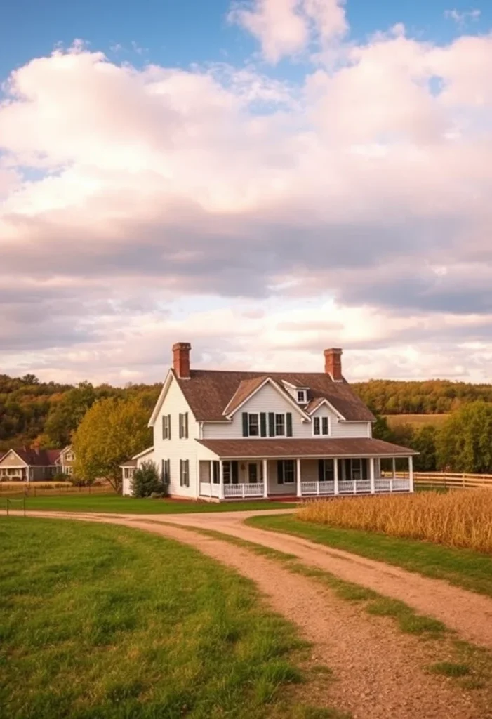 White farmhouse with a long, winding driveway. Classic Farmhouses in the USA