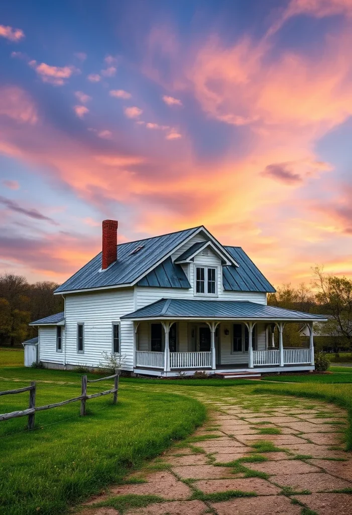 White farmhouse with wraparound porch, path, and colorful sunset sky.