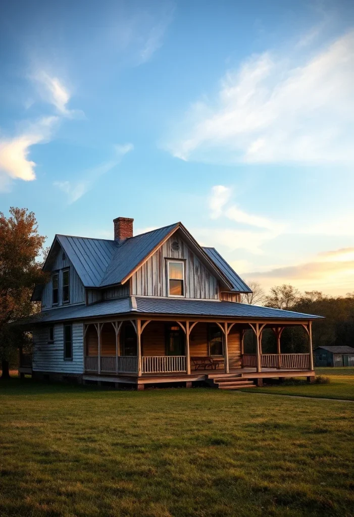 Farmhouse with wraparound porch, open field, and blue sky.