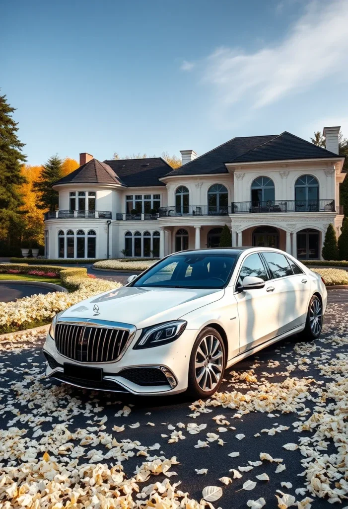 Elegant white mansion luxury car driveway, showcasing stunning architectural details