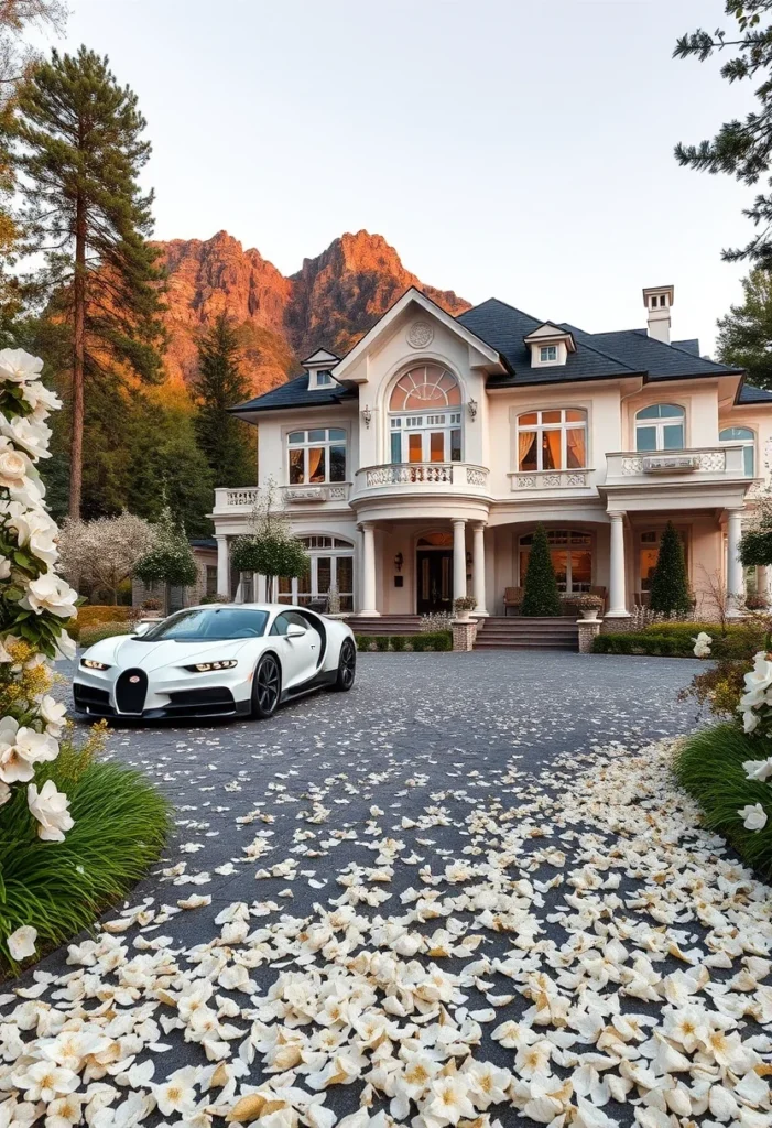 Large mansion with grand entrance featuring a luxury car parked in the driveway