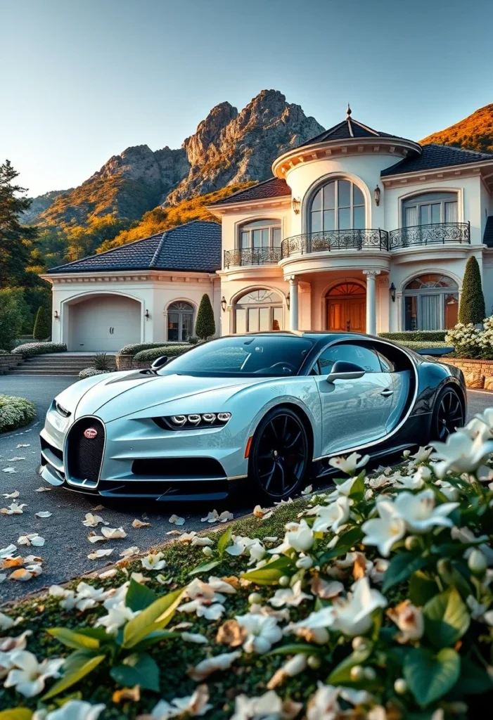 Mansion with unique rounded architecture featuring a potential Bugatti Chiron model