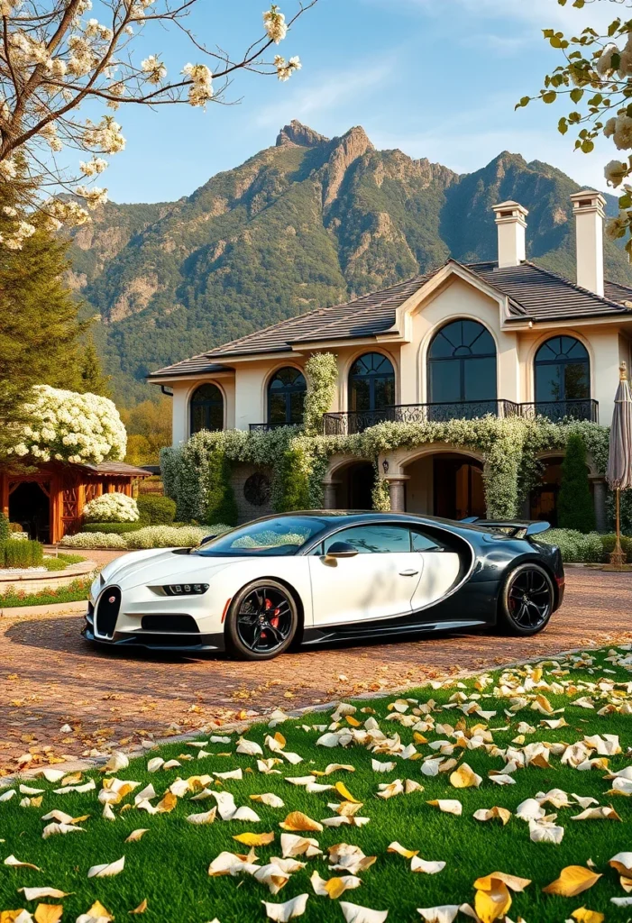 Luxury hypercar parked outside a large, traditionally-styled mansion with lush landscaping