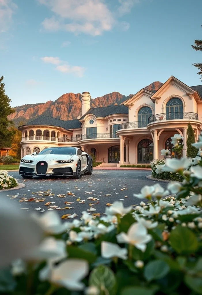 Mansion with unique turret and arched windows, featuring a potential Bugatti Veyron