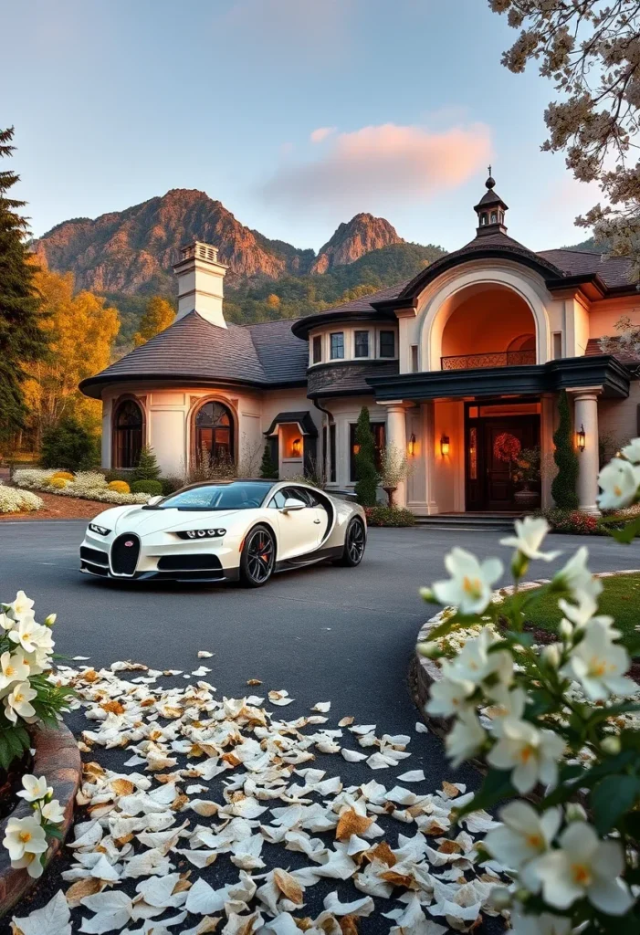 Luxurious home with warm lighting and a hypercar parked in the driveway at twilight