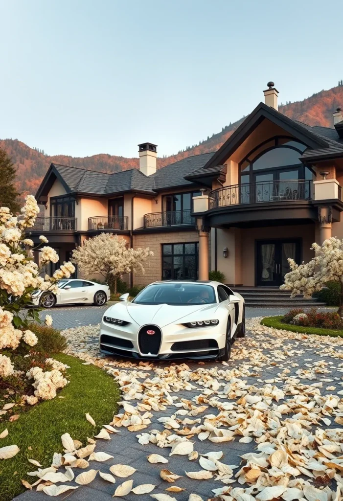 Modern mansion with two luxury cars, including a potential Bugatti model, parked in the driveway