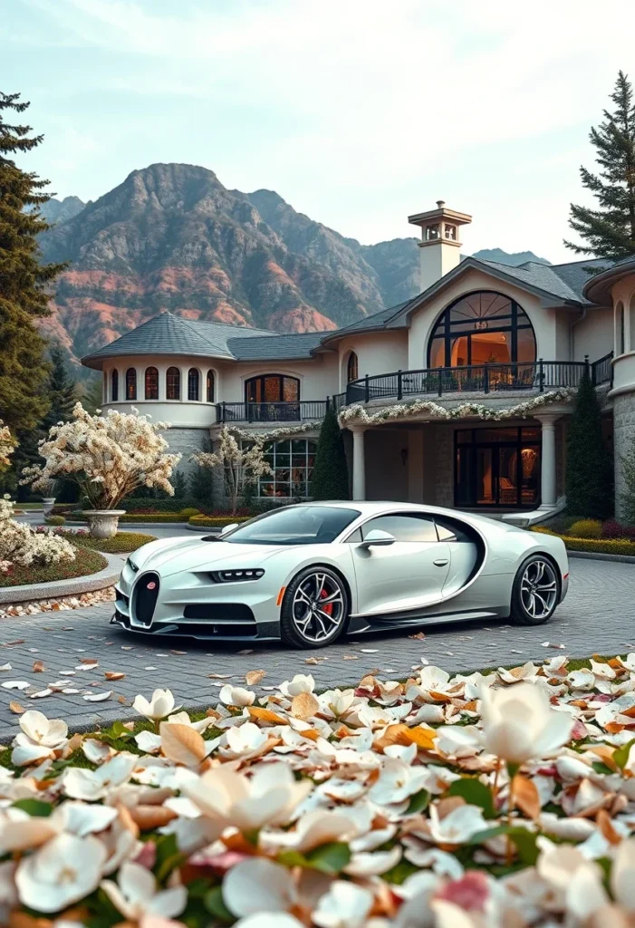 Luxury hypercar parked in front of a large, light-colored mansion with landscaped grounds