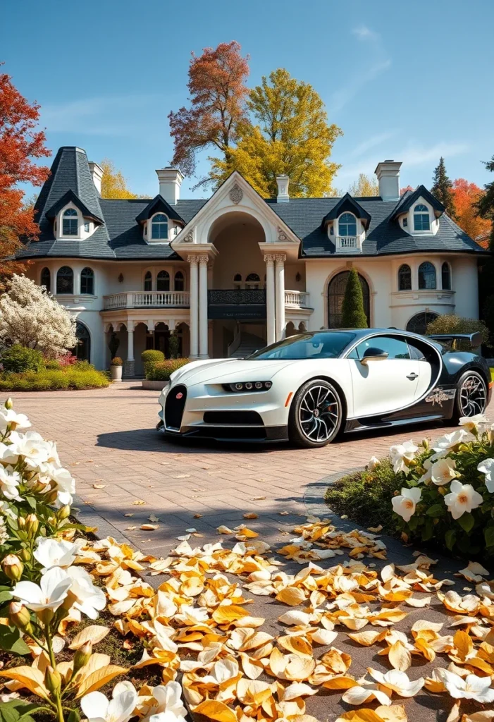 Traditional-style mansion with a modern hypercar, potentially a Bugatti, parked in front