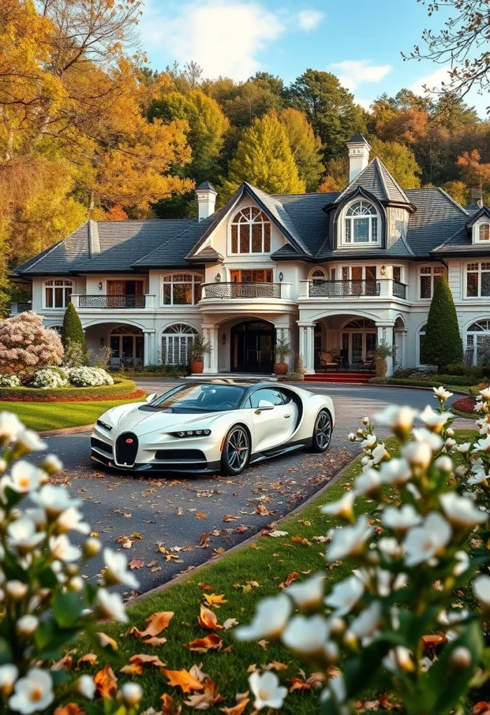 Hypercar parked in front of a large mansion surrounded by trees and greenery