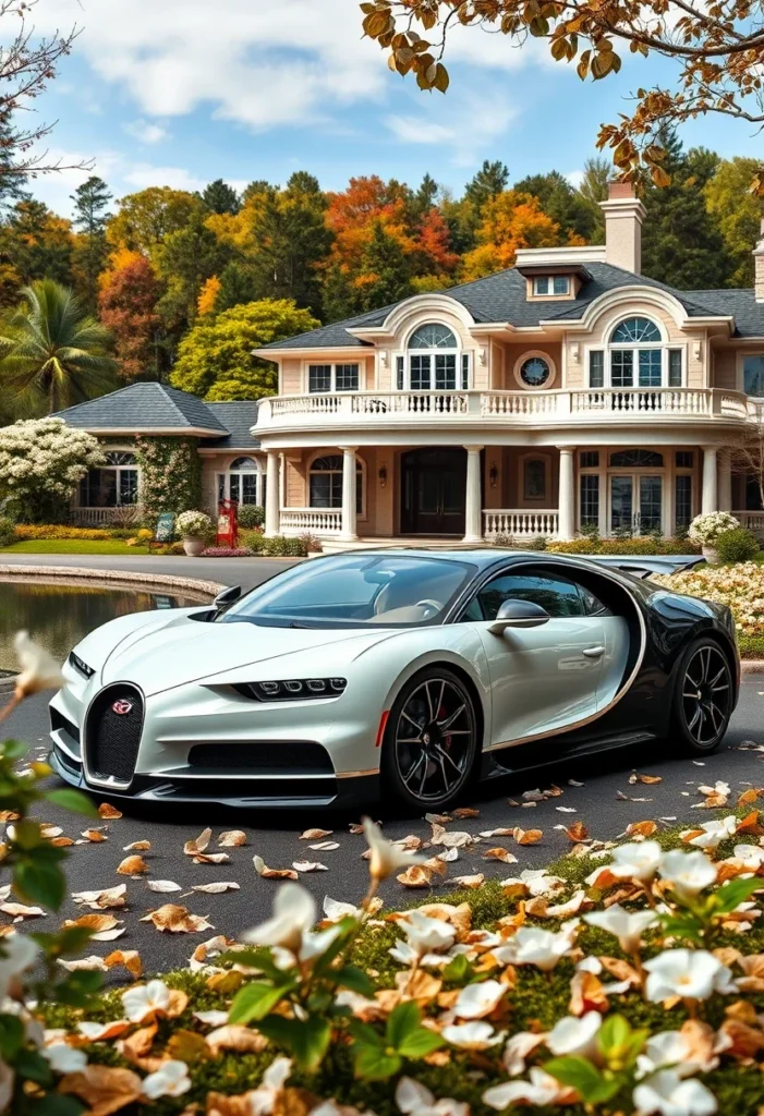 Large lakeside mansion with a potential Bugatti model parked in the foreground