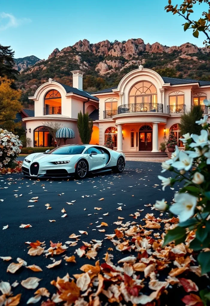 Luxury sports car parked in front of grand mansion with mountains