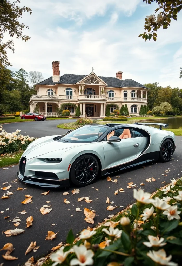 Large waterfront mansion with a potential Bugatti model parked on the driveway