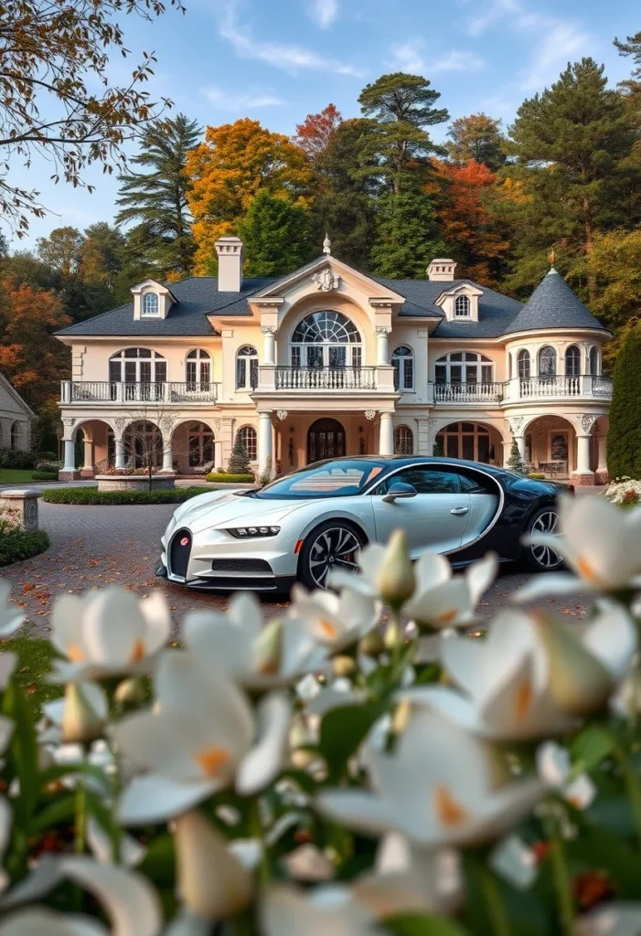 Mansion with intricate architectural details featuring a hypercar parked in front