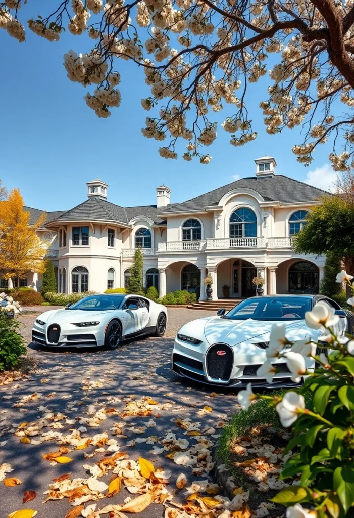 Large mansion with expansive driveway featuring two potential Bugatti Chiron hypercars