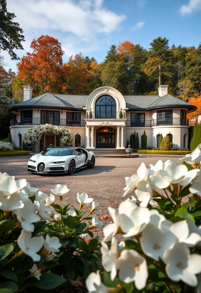 Modern mansion with a sleek hypercar parked in the driveway, surrounded by landscaping