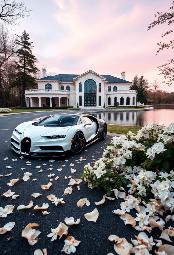 Large lakeside mansion with a potential Bugatti Chiron or Veyron model parked in front Stunning Mansion