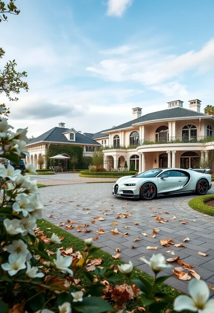 Large estate with multiple buildings and a potential Bugatti Veyron parked in the driveway Stunning Mansions