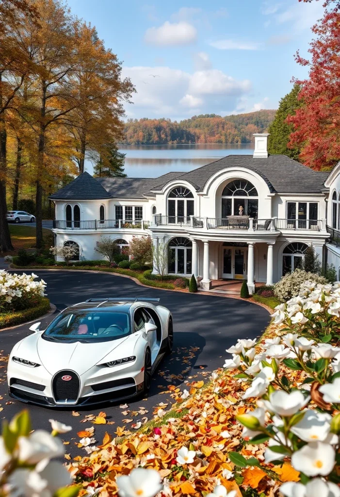 Classic-style lakeside mansion with a modern hypercar parked in the circular driveway Stunning Mansions