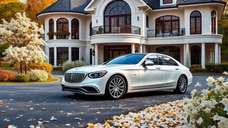 Elegant mansion with a luxury sedan parked in the driveway