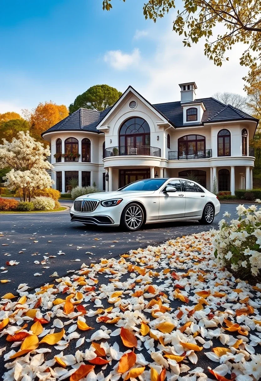 Elegant mansion with a luxury sedan parked in the driveway