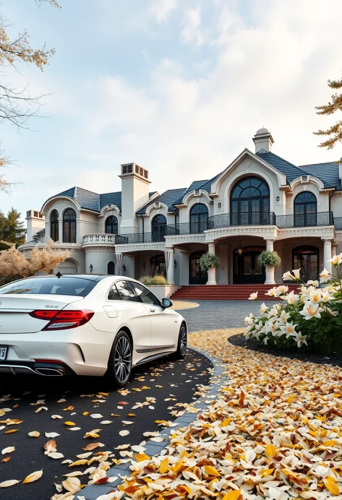 Large, multi-story mansion with a luxury sedan parked in the driveway Stunning Mansions