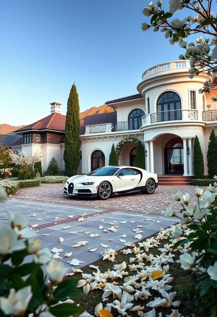 Mansion with turret featuring a luxury sports car parked in circular driveway