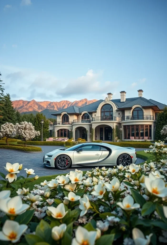 Luxury car parked outside expansive mansion with mountain views and landscaping